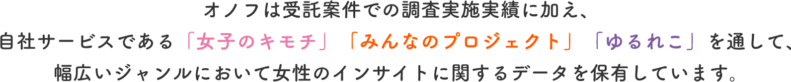 オノフは受託案件での調査実施実績に加え、自社サービスである「女子のキモチ」「みんなのプロジェクト」「ゆるれこ」を通して、幅広いジャンルにおいて女性のインサイトに関するデータを保有しています。